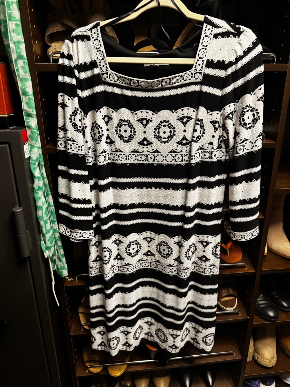 Sandra Darren Black and White Striped Lace-Pattern Midi Dress